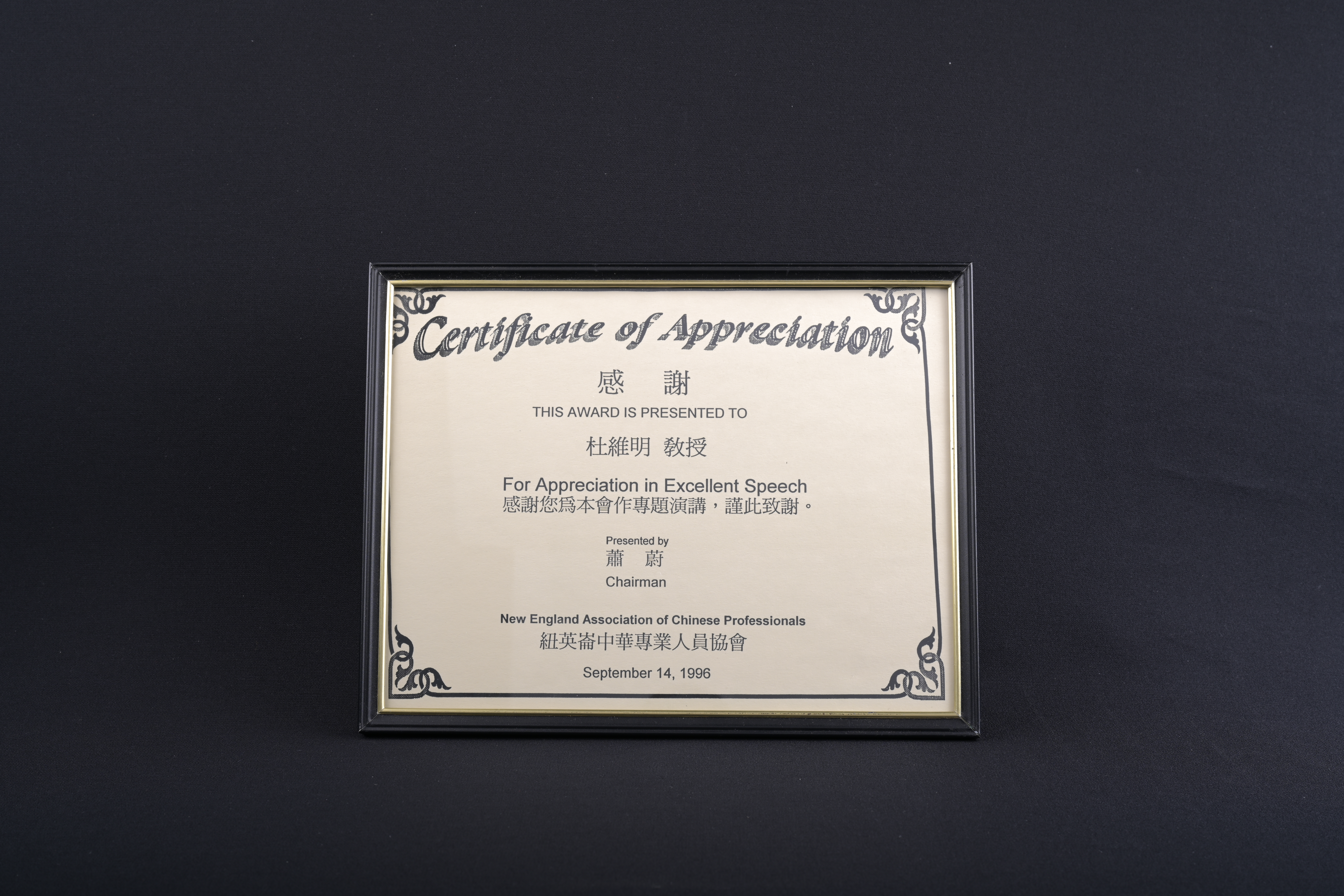 【New England Association of Chinese Professionals】感謝狀