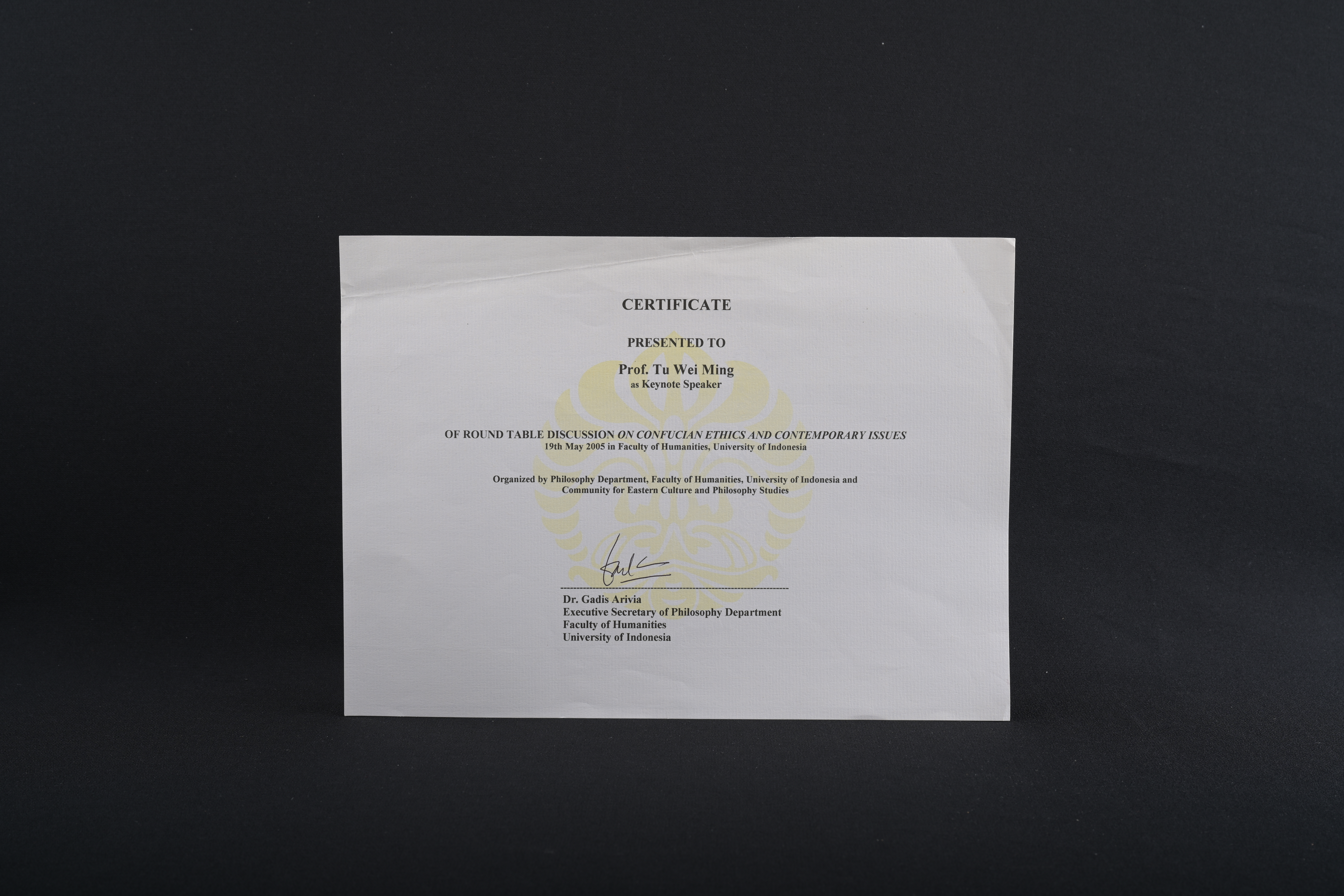 【印尼大學人文學院哲學系與東方文化與哲學研究會《儒家倫理與當代問題》圓桌討論會】證書